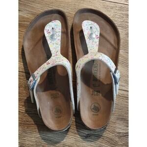 Birkenstock Thong Sandals Women's Sz 38 Gizeh Vegan White Floral Summer Staple